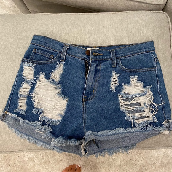 Vibrant Pants - blue high waisted Ripped jean Shorts